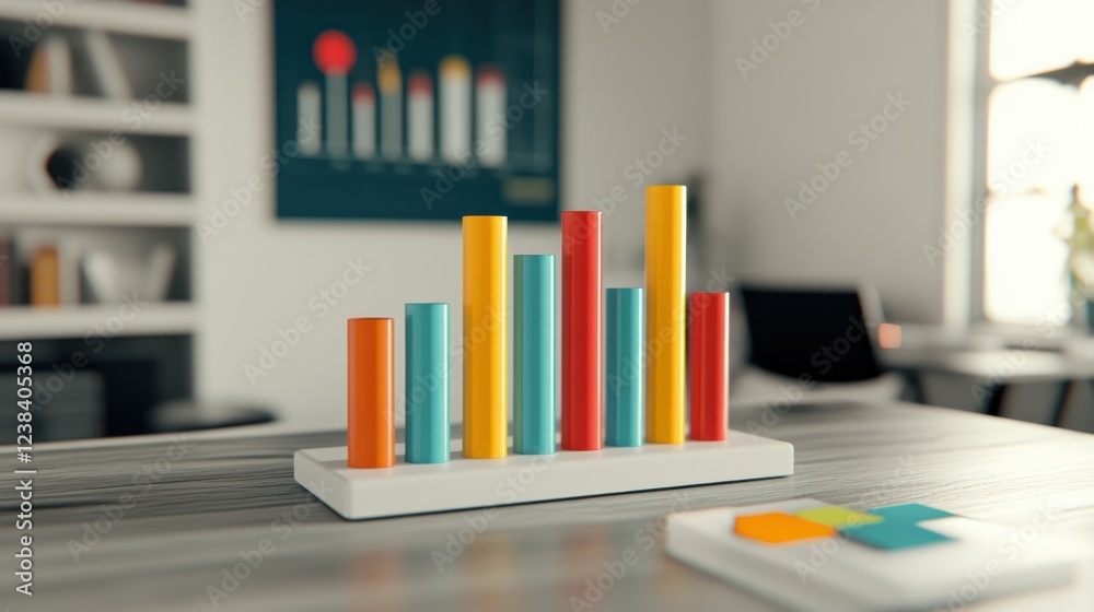 Poster Colorful cylindrical graph representation on a modern desk with blurred office background and open space