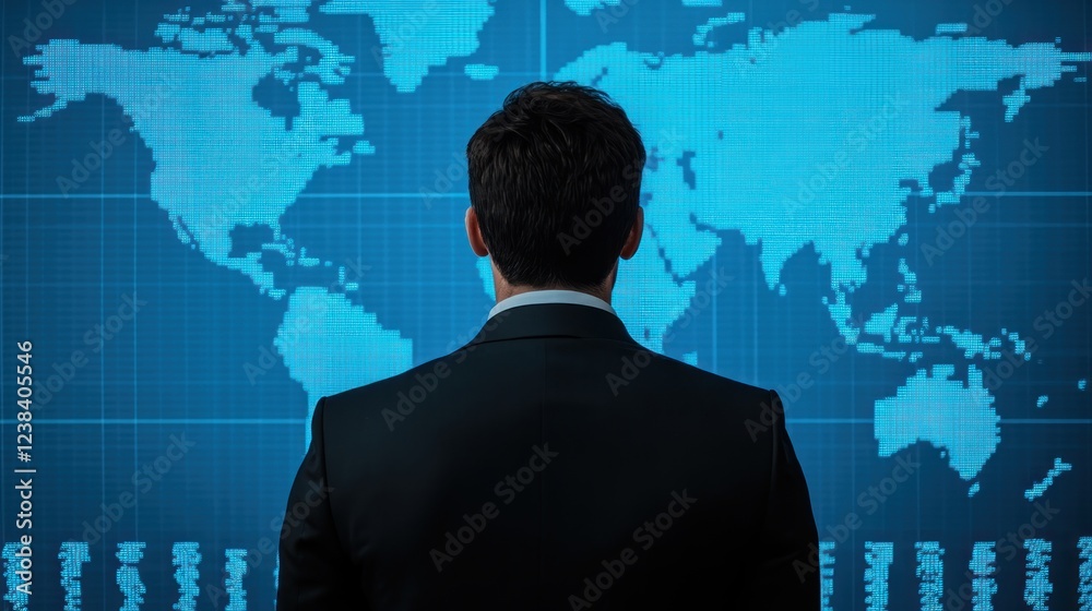Aufkleber businessman analyzing global market trends with digital world map visual in background