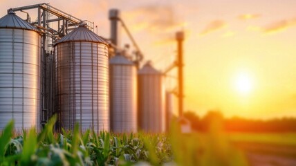 Obraz premium Golden Hour Sunset Over Agricultural Silos and Cornfield Rural Farm Scene
