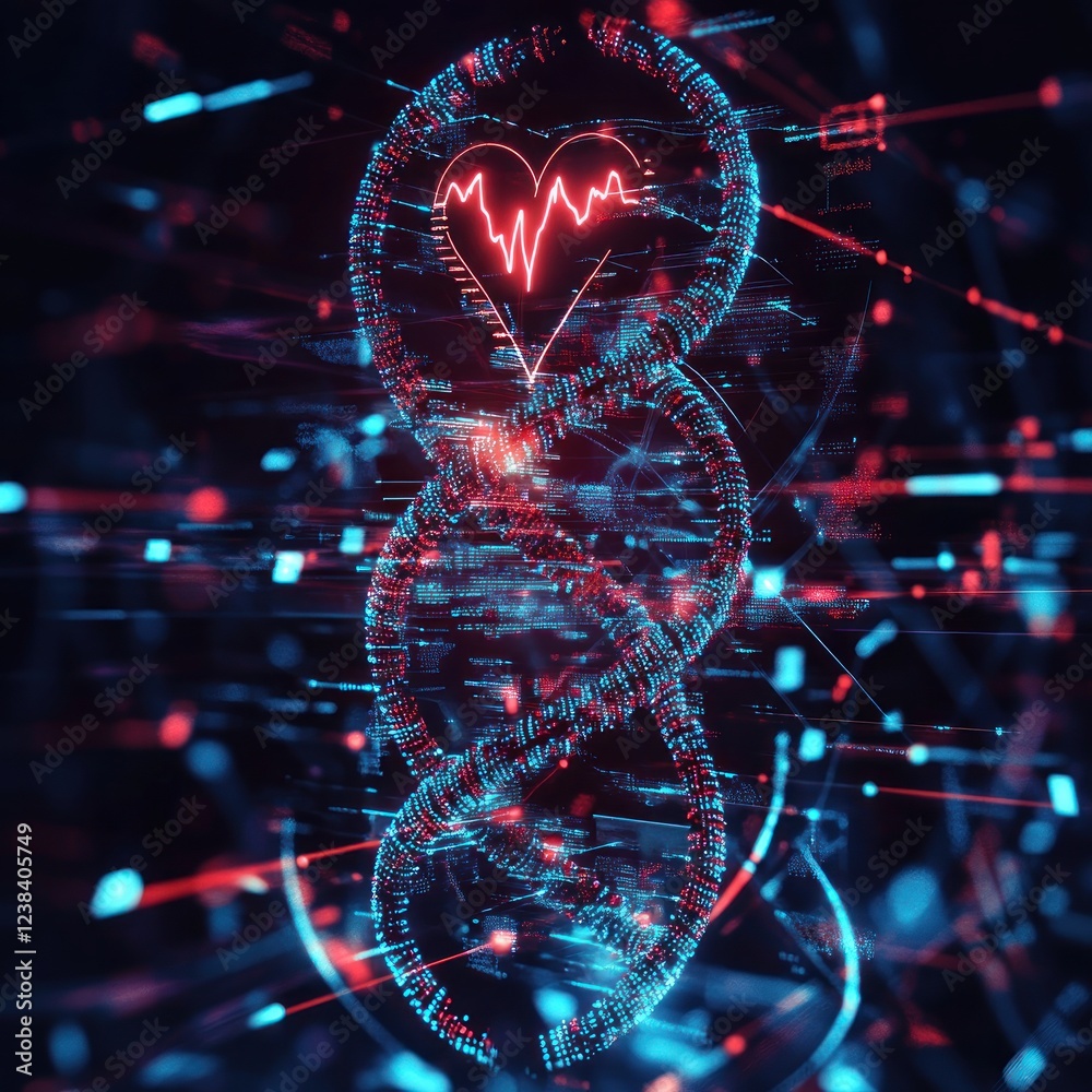 Poster Abstract Digital Design Featuring a Heartbeat Shape in a Twisted Infinity Loop with Neon Colors and Futuristic Elements