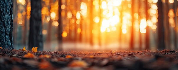 Golden hour forest nature concept. A serene forest landscape during sunset, highlighting autumn leaves and golden hues.