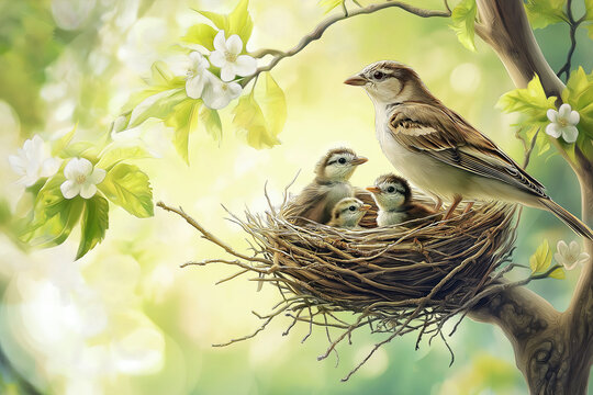 Two adult birds with chicks in a nest in the crowns of a flowering tree. Chicks in the nest on the right. Spring concept, bird breeding.