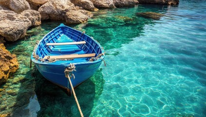 Obraz premium Tranquil Azure: A Blue Boat in Crystal Clear Waters