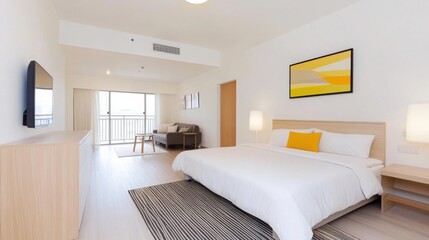 Minimalist studio apartment, open-plan layout, sleek furniture, neutral tones, modern aesthetic