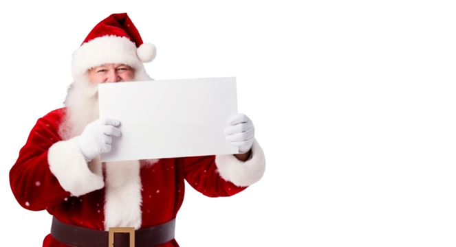 alegría festiva y dirección juguetona.
Jolly Santa Claus señalando hacia el lado izquierdo del marco con una amplia sonrisa en su rostro.