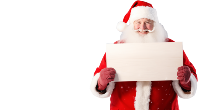 alegría festiva y dirección juguetona.
Jolly Santa Claus señalando hacia el lado izquierdo del marco con una amplia sonrisa en su rostro.