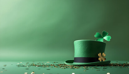 Green hat with confetti and gold-colored clovers on a green background for a St. Patrick's Day celebration. 