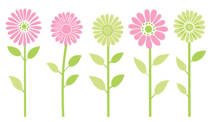 Hand-drawn, cute pink and green tiny flowers with leaves on long stems, isolated on a white background. Vector illustration, flat design, high-resolution photography, high detail, clean sharp 