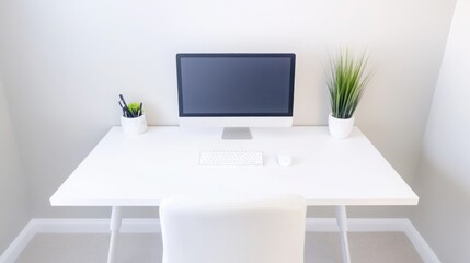Obraz premium Minimalist workspace, clean white desk, simple chair, neutral decor, soft lighting, productivity-focused