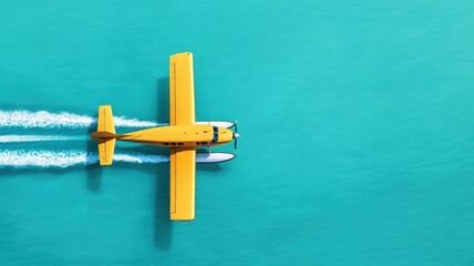 Yellow Seaplane Flying Over Turquoise Water Aerial View Summer Travel
