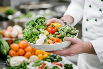 A chef teaching an introductory cooking class, holding a bowl of fresh ingredients and demonstrating basic knife techniques