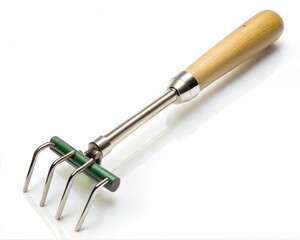 Fototapeta premium Garden fork, cultivator tool, green handle, metal prongs, gardening equipment