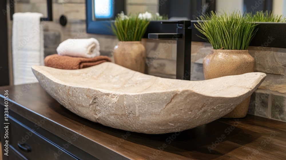 Poster a unique stone bowl rests on a wooden countertop, surrounded by fresh greenery and neatly stacked to