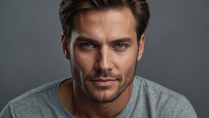 Obraz premium Portrait of a man with striking blue eyes and casual style against a simple backdrop