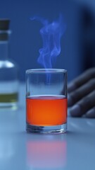 Glass of Orange Liquid with Blue Smoke Rising Science Experiment Chemistry Laboratory
