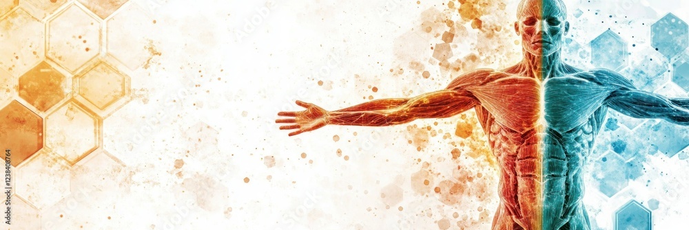 Poster human body representation with ethereal glow and vibrant colors for creative science and health conc