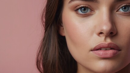 Fototapeta premium Young woman with natural makeup posing against a light pink background in a studio setting