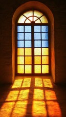 Ancient Church Stained Glass Window with Warm Sunlight Casting Shadows