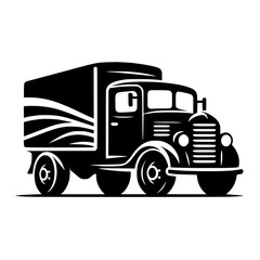 Vintage Truck: Classic Cargo Delivery Vehicle. Retro Transportation Icon, Black and White Graphic Design Illustration. Perfect for vintage vehicle enthusiasts and design projects.