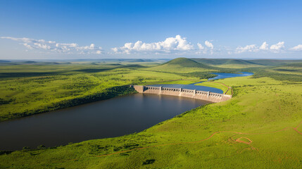 Obraz premium Aerial view of dam reservoir surrounded by lush green hills and blue sky