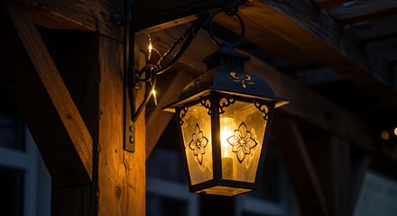 Glowing Lantern on Wooden Pergola at Night