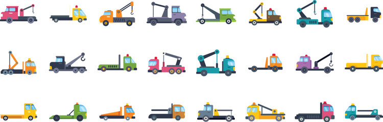 Colorful tow truck icons depicting various types of towing vehicles and equipment, representing diverse roadside assistance and vehicle recovery services © anatolir