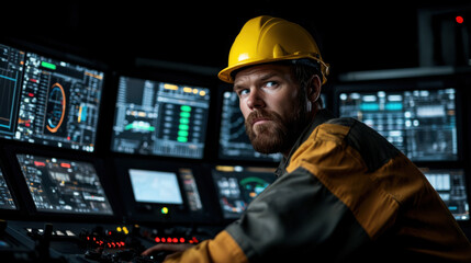 Oil rig control room with operator monitoring multiple screens, focused and alert