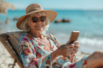 Fototapeta premium Grandmother relaxes on a sun lounger at the beach while enjoying her smartphone in sunny weather