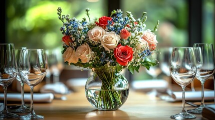 A vibrant floral arrangement in a glass vase at a dining table, surrounded by elegant wine glasses