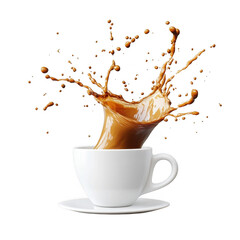 Coffee splashing out of a white cup on a transparent background during mid-morning