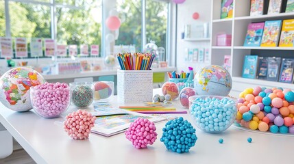 Featuring a close-up of a vibrant educators desk, this image is filled with various multicultural resources, including globes, storybooks, and colorful teaching aids. The inviting atmosphere is