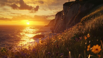 Stunning Sunset Over Cliffs and Ocean, Vibrant Flowers in the Foreground, A Beautiful Evening Scene