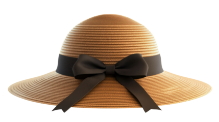 Elegant straw hat with black ribbon bow on transparent background