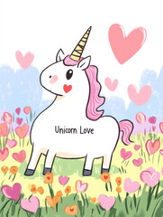 Cute gothic unicorn with heart-shaped eyes prancing through "Unicorn Love" petal field: Dark Love Reaper Valentine Illustration T-Shirt Designs