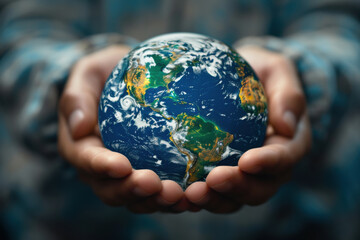 Fototapeta premium Holding Planet Earth in Human Hands Symbolizing Care and Responsibility for Our Home