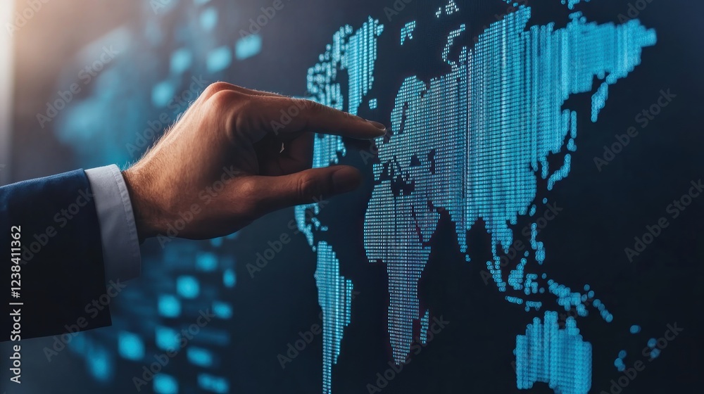 Poster Hand Touching Digital World Map Display with Data Visualization and Global Connections Concept