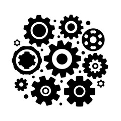 Interlocking Gears: A Black and White Illustration of Industrial Machine Cogs.  Perfect for engineering, technology, and manufacturing concepts.