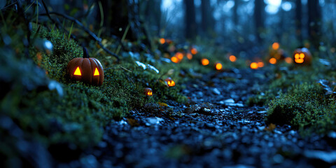 Illuminated Jack-o'-lanterns on Forest Path