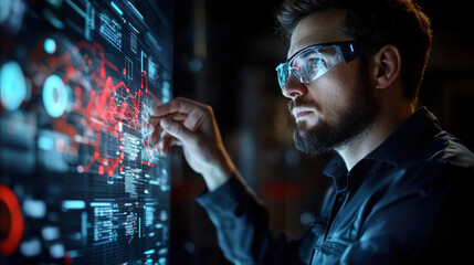 Engineer analyzing data on digital interface with glasses, focused and engaged