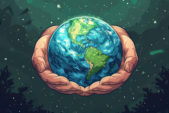 Human hands cradle planet earth in a vibrant, abstract cartoon style against a cosmic background
