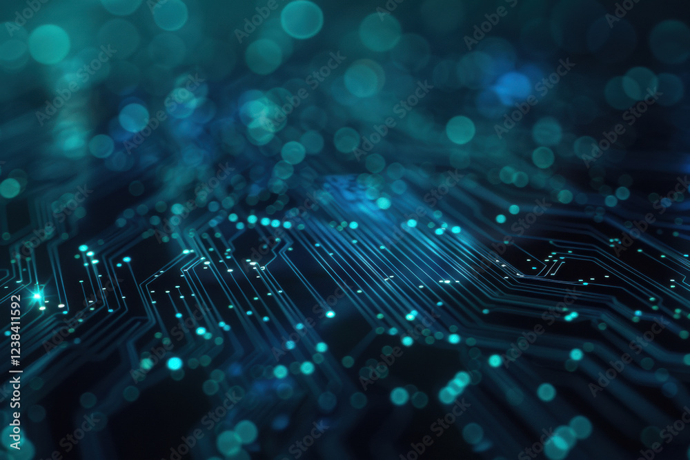 Fototapete digital circuit board design with luminous blue and teal lights creating a modern technology backgro