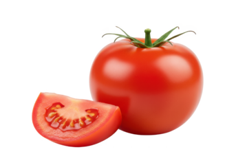 A tomato and a half slice tomato isolated on white background, front angled view, no depth of field, sharp