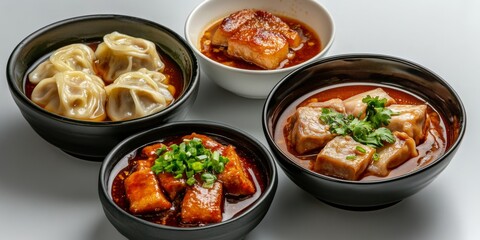 Delicious set of bowls with chinese food displaying culinary delights