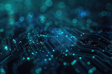 Digital circuit board design with luminous blue and teal lights creating a modern technology background for websites and digital interfaces