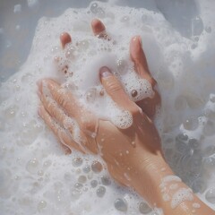 Fototapeta premium A close-up of hands being washed with rich, fluffy bubbles avoid the virus for healty