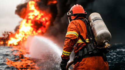 Fototapeta premium firefighter in protective gear battling massive oil rig fire at sea, showcasing bravery and urgency
