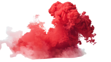 Red ink swirling in water creating abstract shapes on transparent background