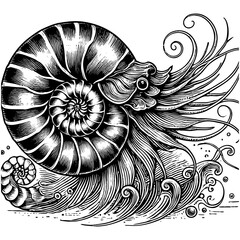 nautilus with swirling tentacles and ocean waves, inspired by vintage scientific and marine art sketch engraving generative ai PNG illustration. Scratch board imitation. Black and white image.