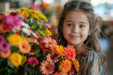 Naklejka premium Little girl brings vibrant flowers to her teacher during a school appreciation surprise event