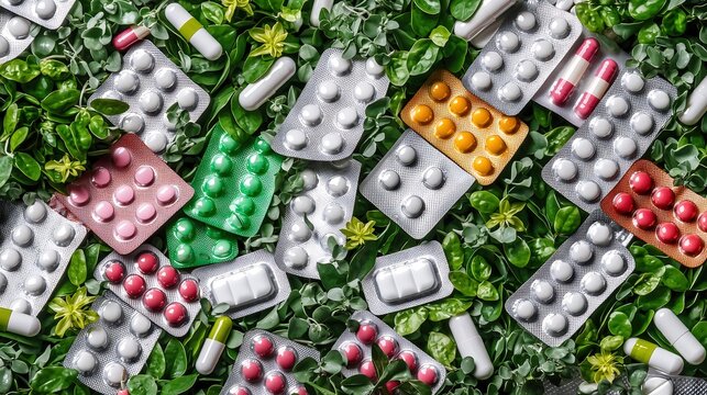 An engaging poster background incorporating a mosaic of various pill blister packs and natural plant elements, arranged to convey a message of environmental responsibility through medication disposal.